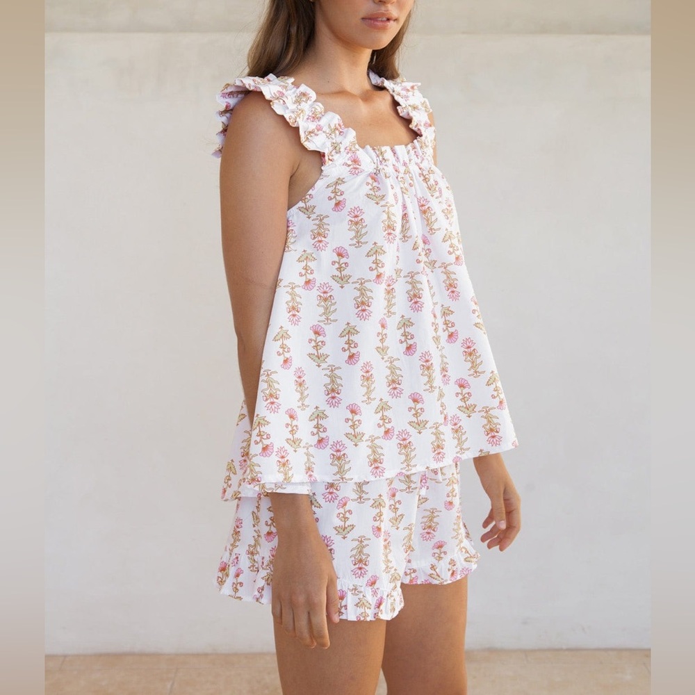 Floral Ruffle Pajama Set - White and Pink